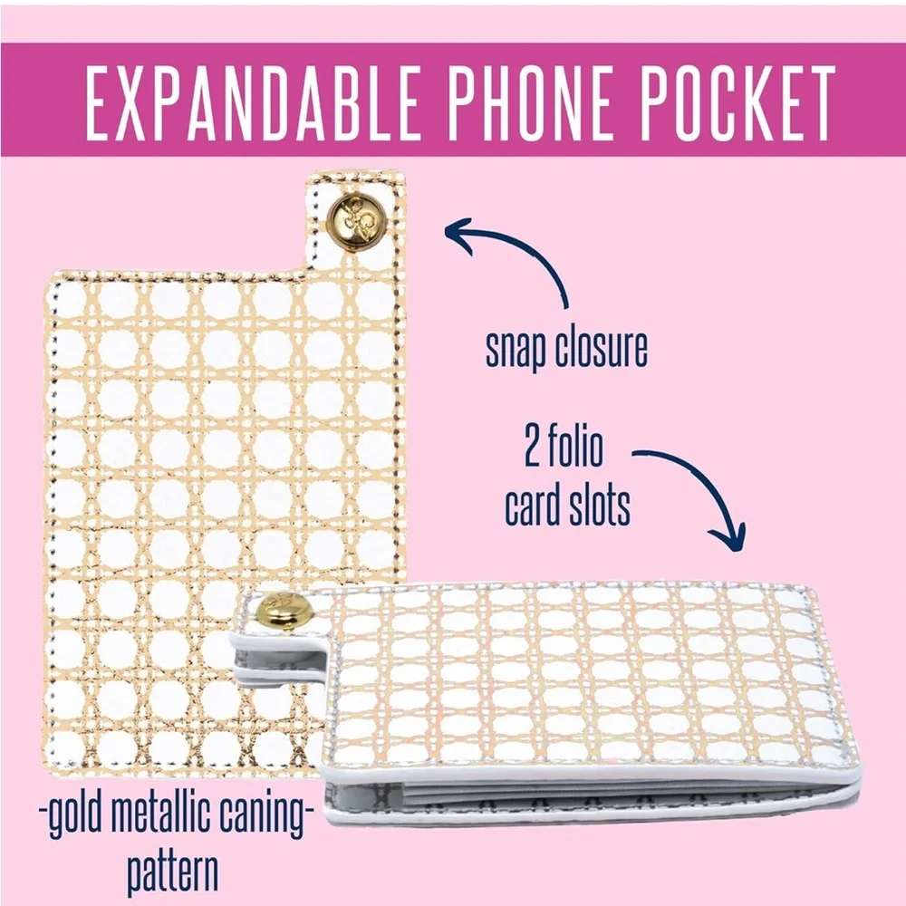 LILLY PULITZER Phone Pocket ID Card Holder for Phone Case Button Snap Gold Cane